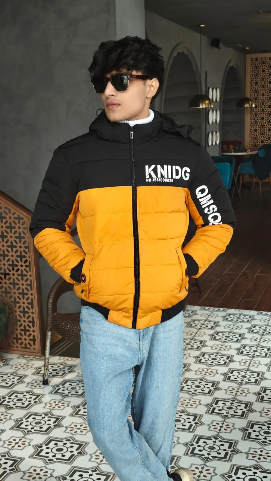 mens imported yellow and black kidgo puffer jacket