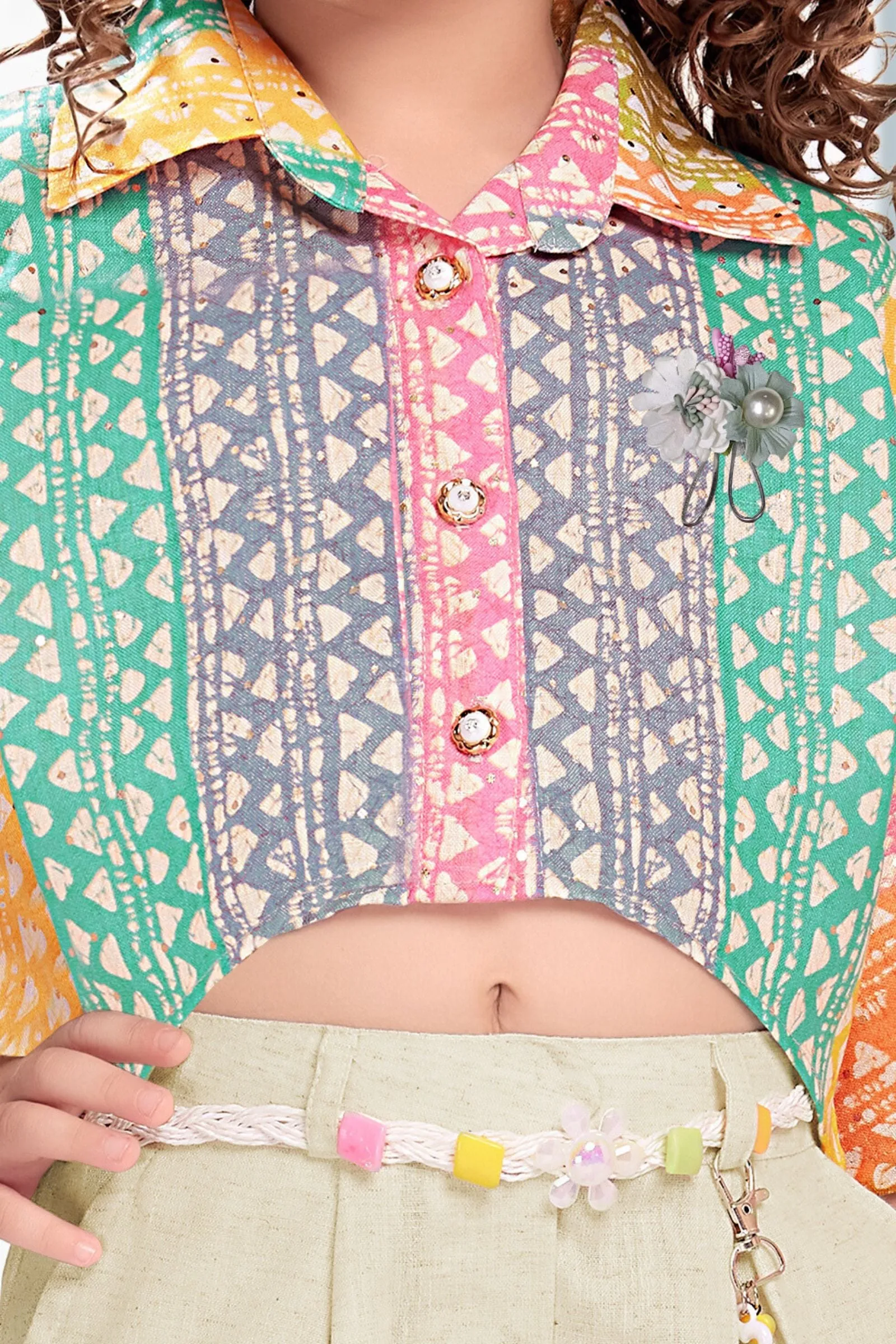 Multicolor Digital Print with Fawn Kaftan Styled Culottes Set for Girls