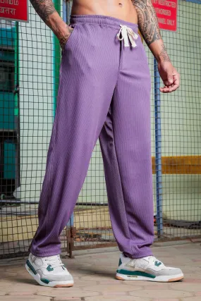 Purple Ribbed Relaxed-Fit Mid-Rise Track Pant
