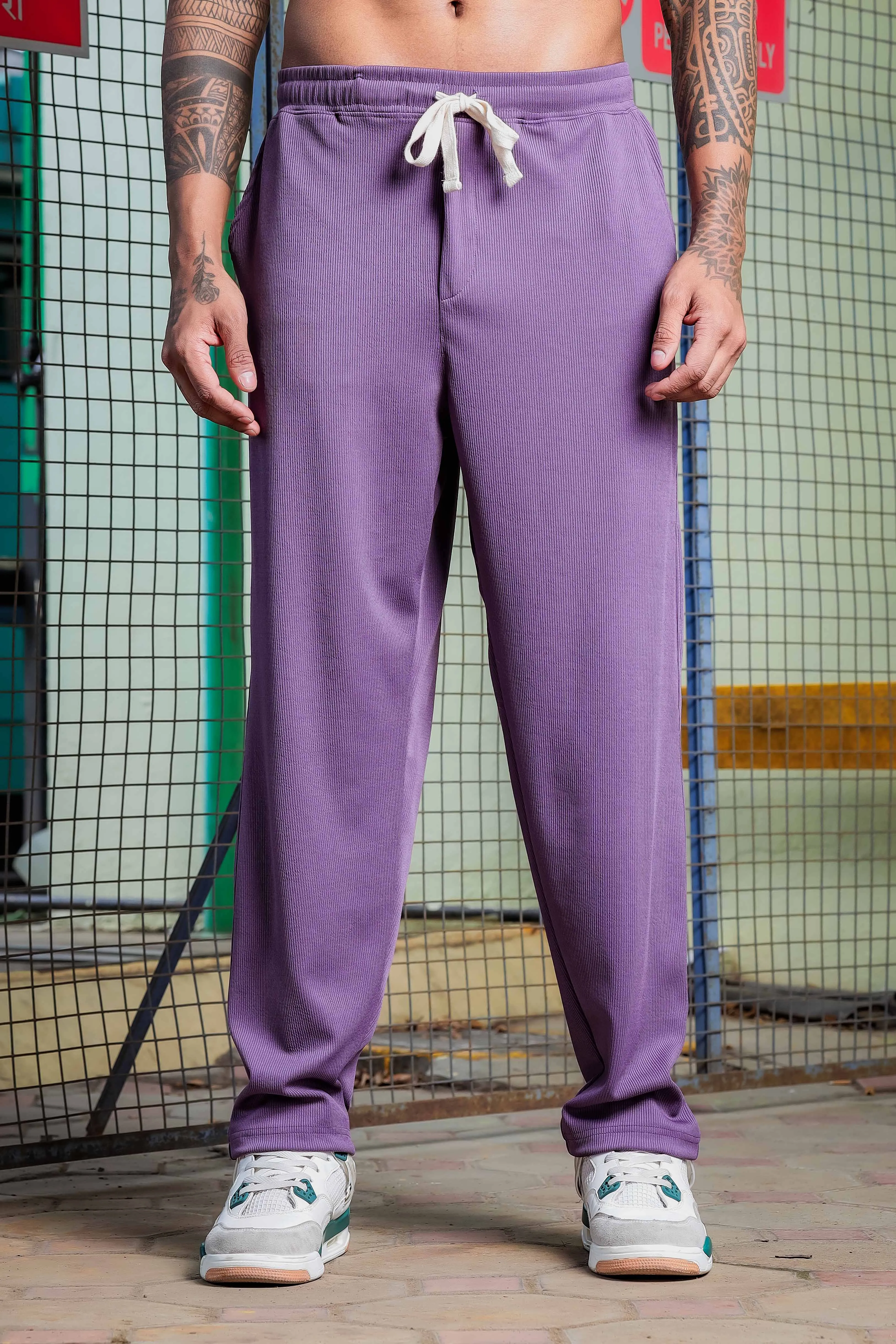 Purple Ribbed Relaxed-Fit Mid-Rise Track Pant