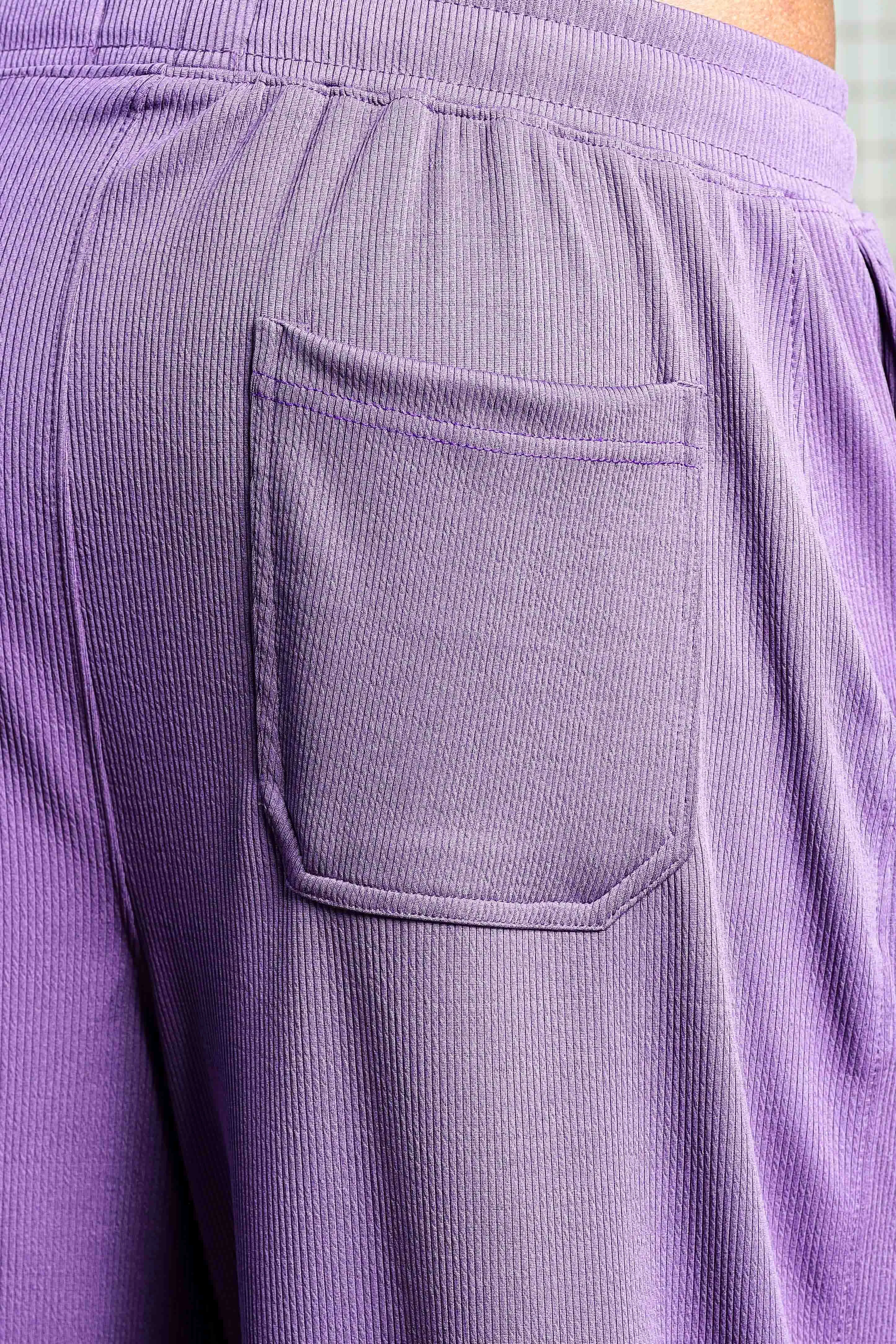 Purple Ribbed Relaxed-Fit Mid-Rise Track Pant