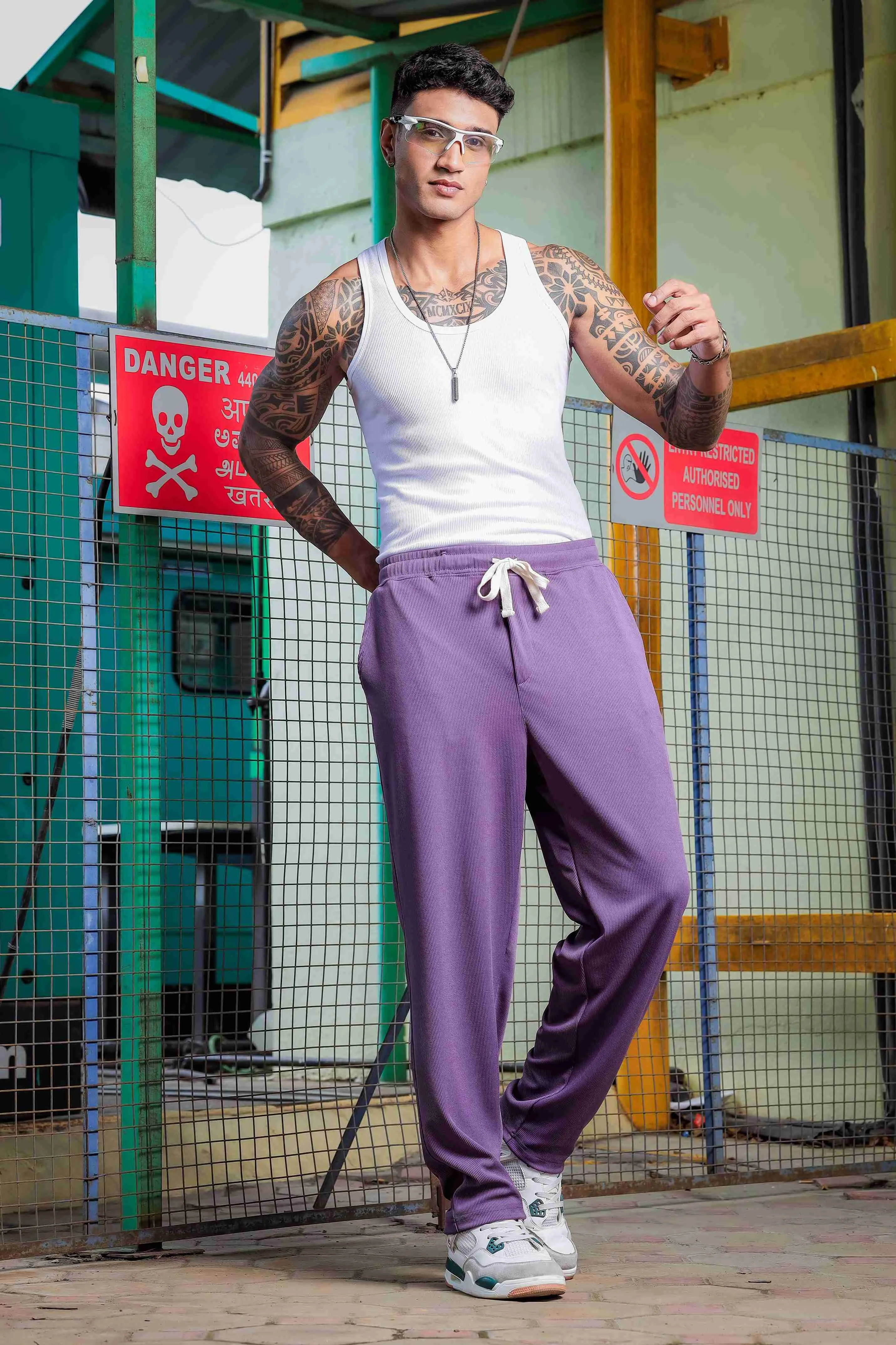 Purple Ribbed Relaxed-Fit Mid-Rise Track Pant