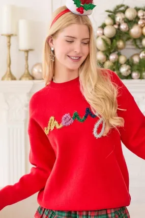 "Merry" Tinsel Letter Sweater RED