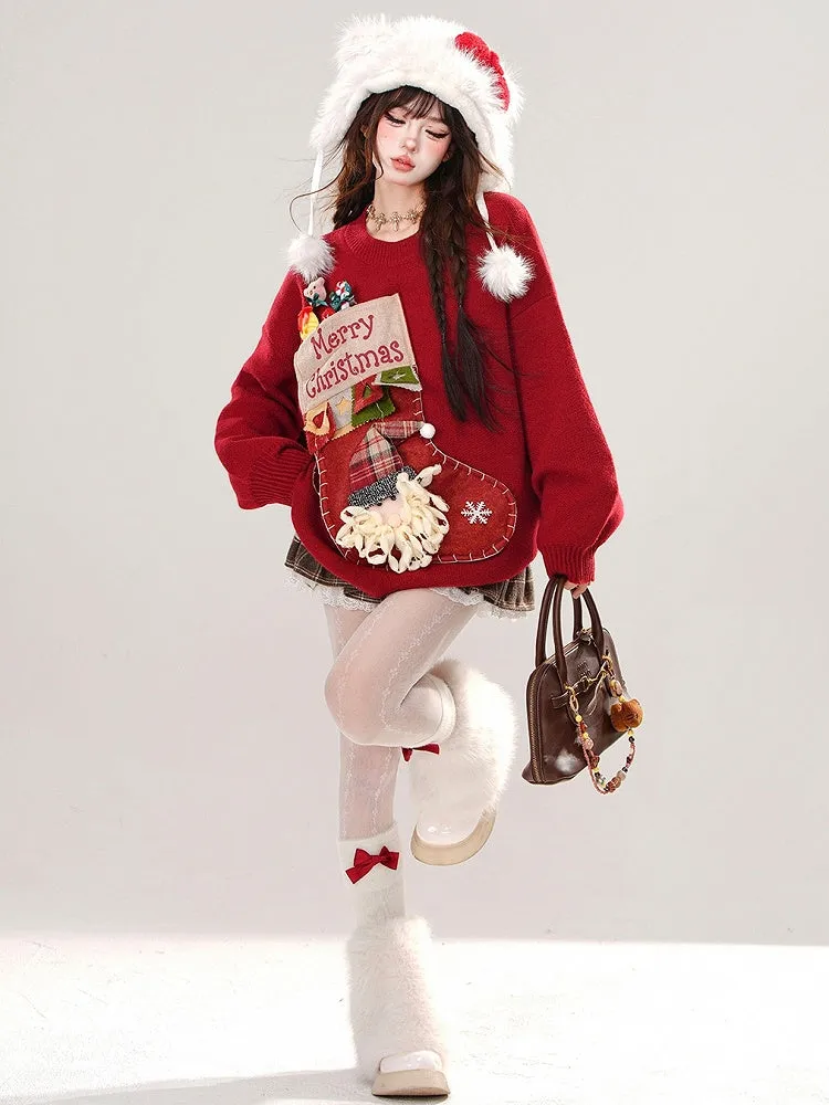 Red Christmas Stocking Round Neck Loose Sweater