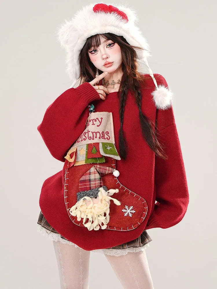 Red Christmas Stocking Round Neck Loose Sweater