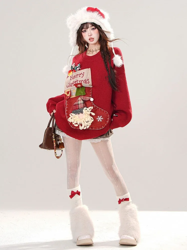 Red Christmas Stocking Round Neck Loose Sweater