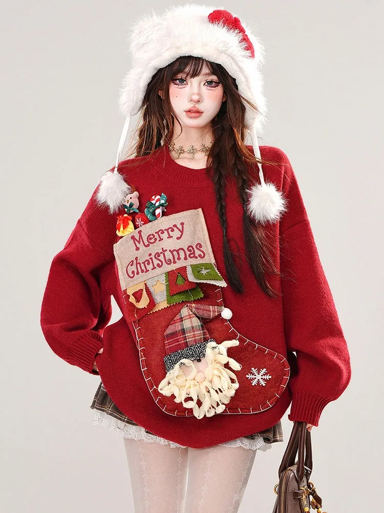 Red Christmas Stocking Round Neck Loose Sweater