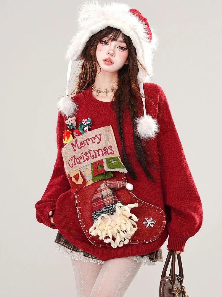 Red Christmas Stocking Round Neck Loose Sweater