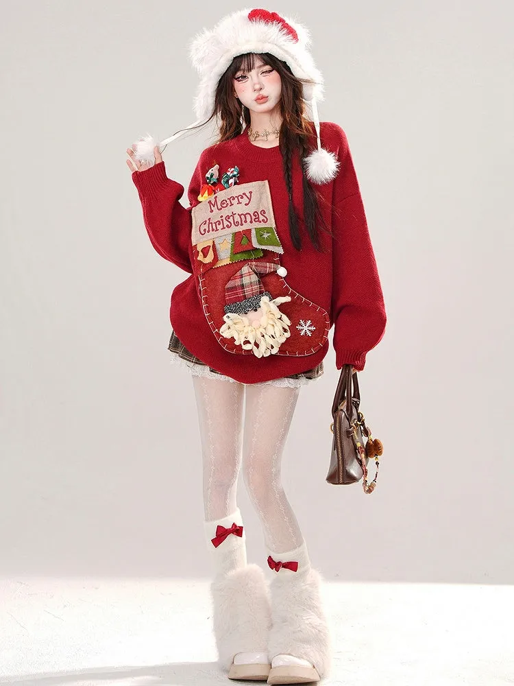 Red Christmas Stocking Round Neck Loose Sweater