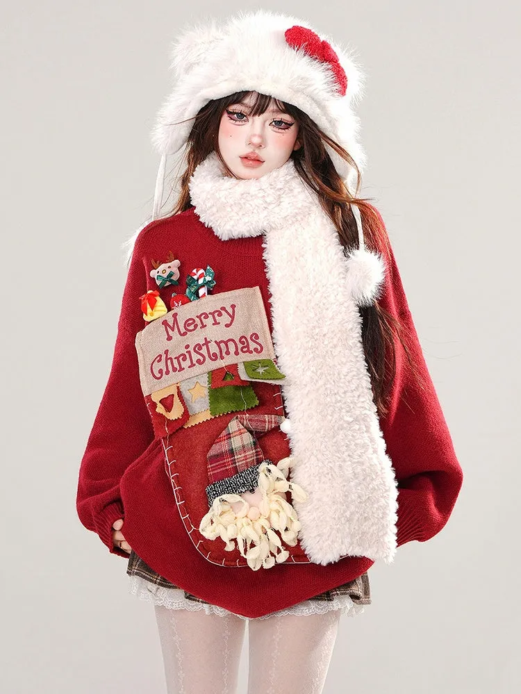 Red Christmas Stocking Round Neck Loose Sweater