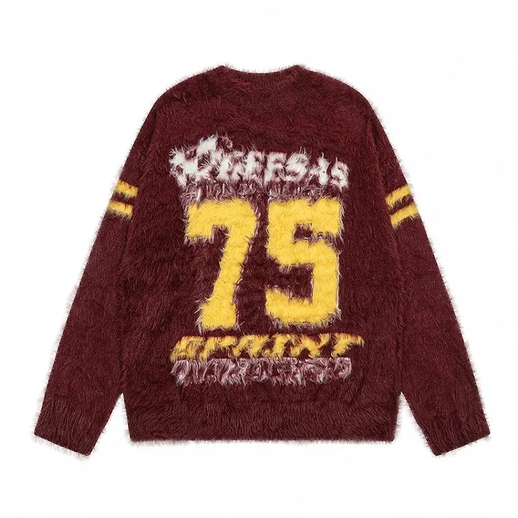 Red Numbers Pattern Preppy Loose Sweater