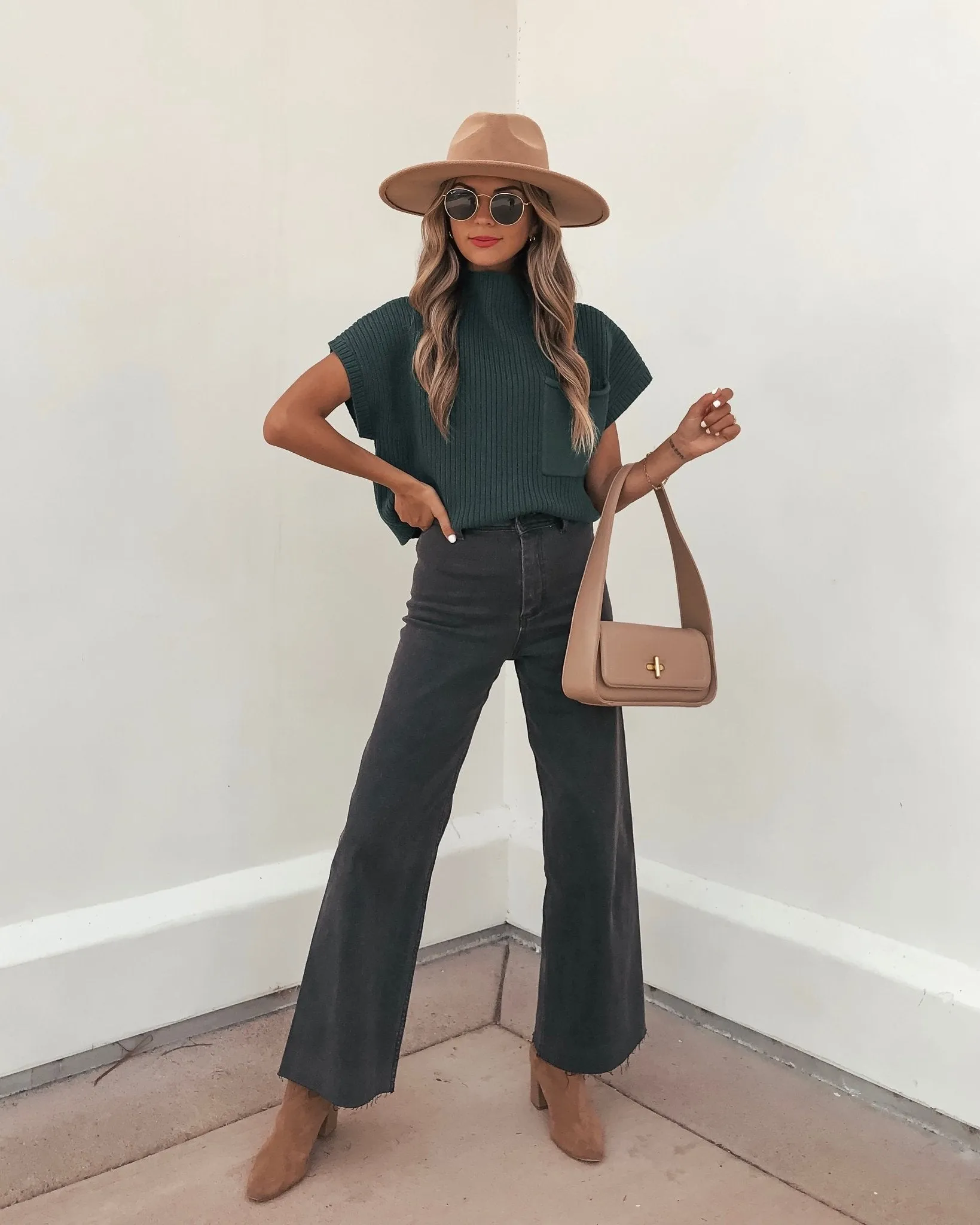Short Sleeve Mock Neck Ribbed Sweater - Forest Green - FINAL SALE