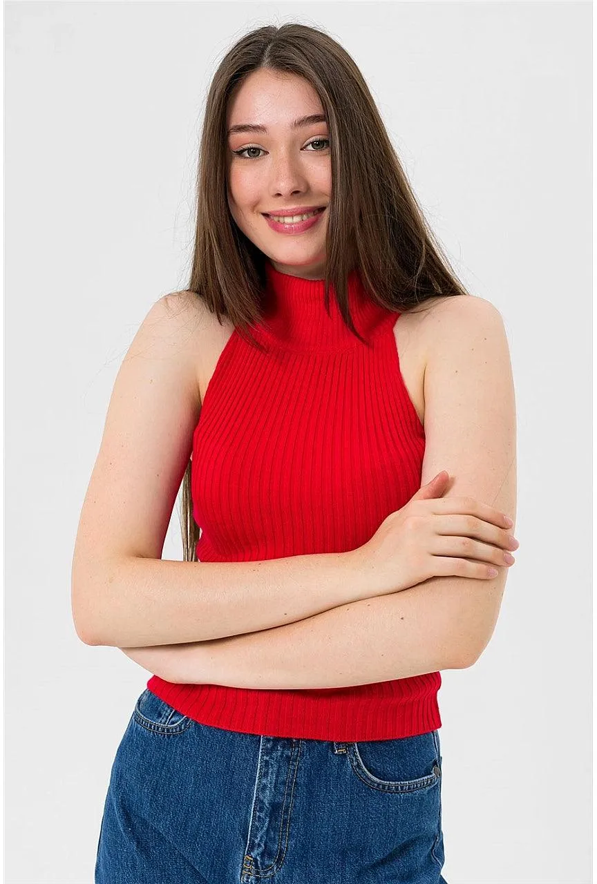Sleeveless Mock Turtleneck Ribbed Knit Tank Top - Red | Slim Fit Crop Top for Stylish Layering