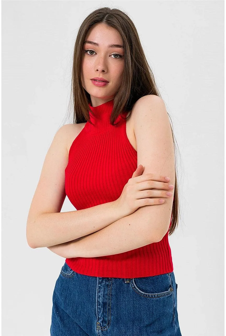 Sleeveless Mock Turtleneck Ribbed Knit Tank Top - Red | Slim Fit Crop Top for Stylish Layering