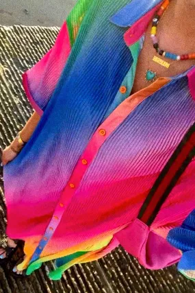 So Far So Good Oversized Plissé Dress in Prismatic Rainbow