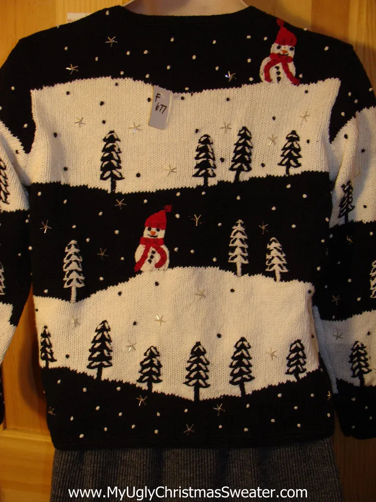 Tacky Cheap Ugly Christmas Sweater with Snowmen in a Winter Wonderland (f677)