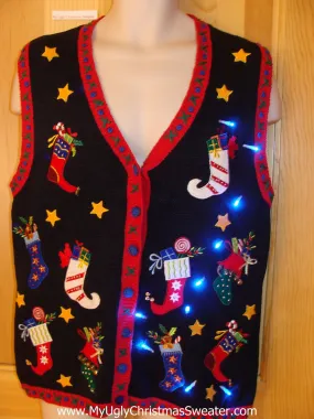 Tacky Christmas Sweater Vest with Horrible Pointy Stockings and Lights