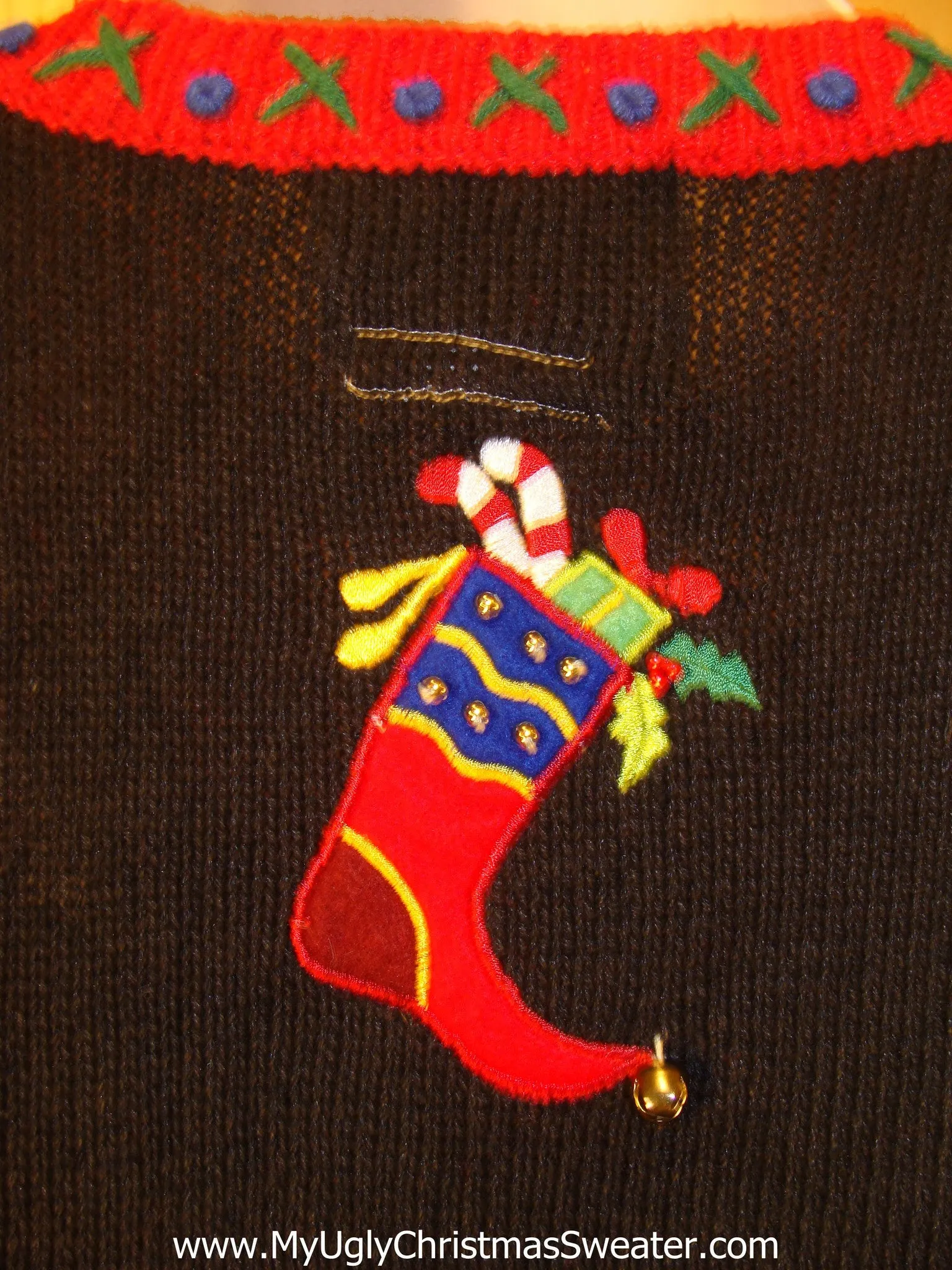 Tacky Christmas Sweater Vest with Horrible Pointy Stockings and Lights