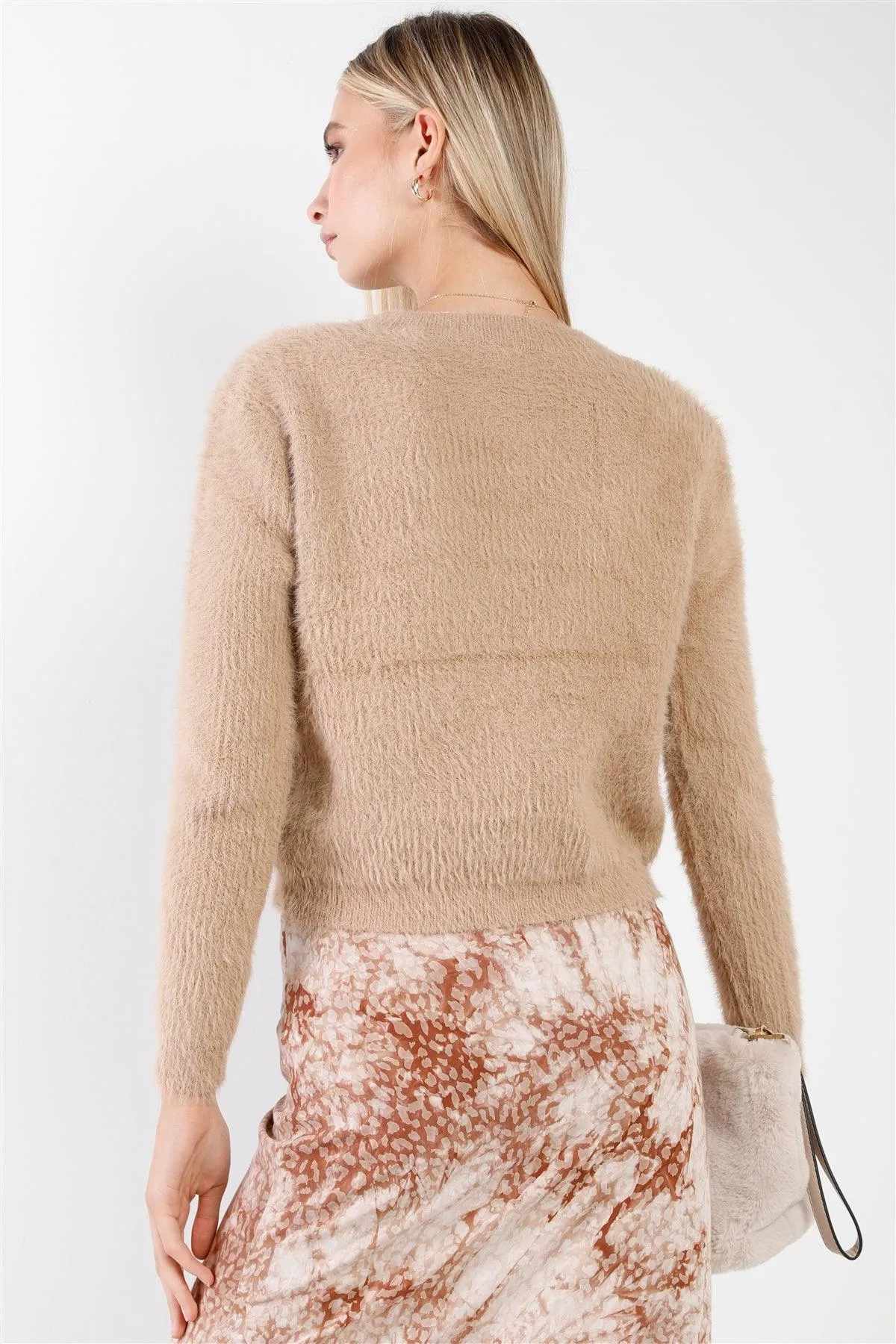 Taupe Fuzzy Knit Long Sleeve Crew Neck Cropped Sweaters /3-2-1