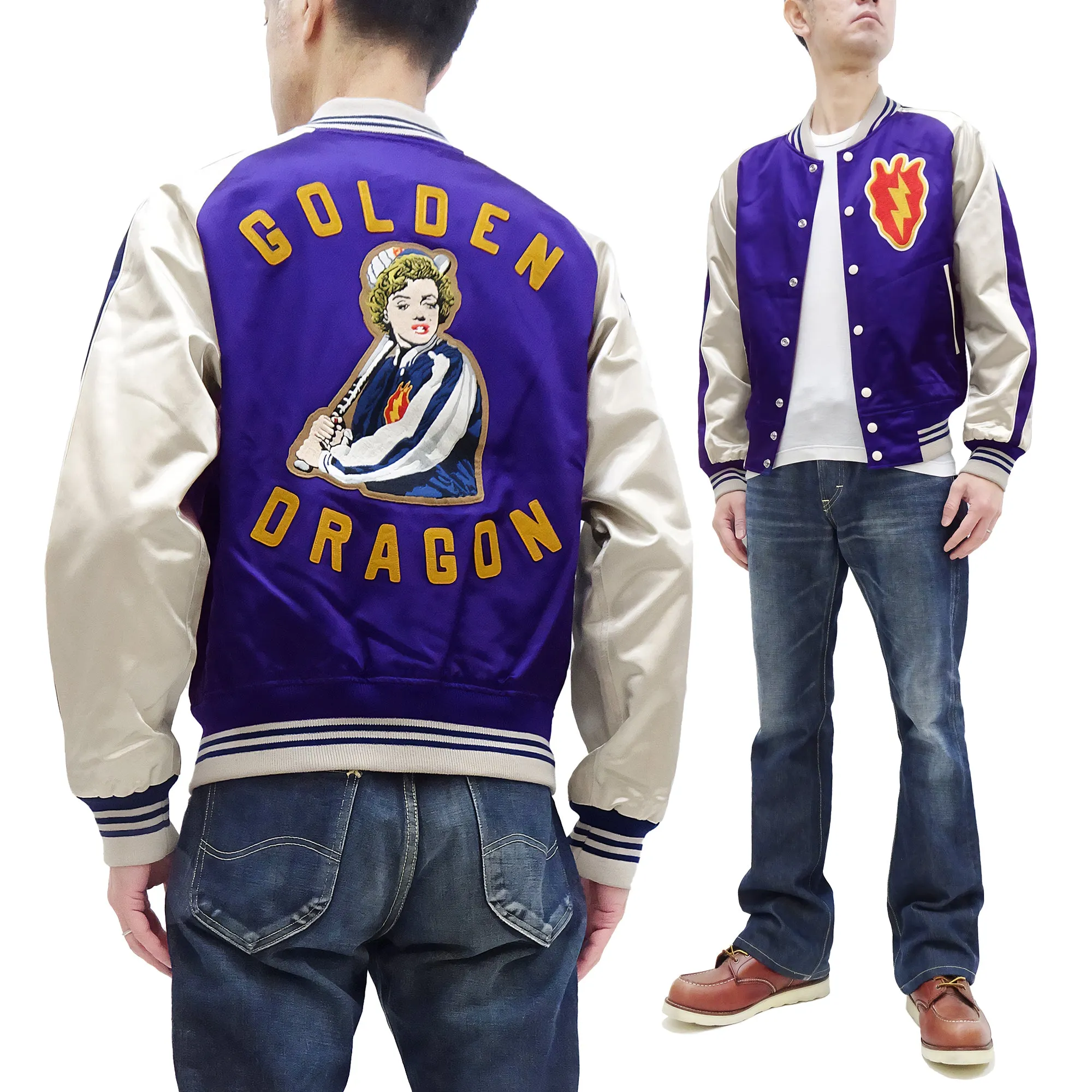 TOYS McCOY Jacket Men's Marilyn Monroe Unfilled Lightweight Satin Varsity Jacket TMJ2303 Blue/Off-White