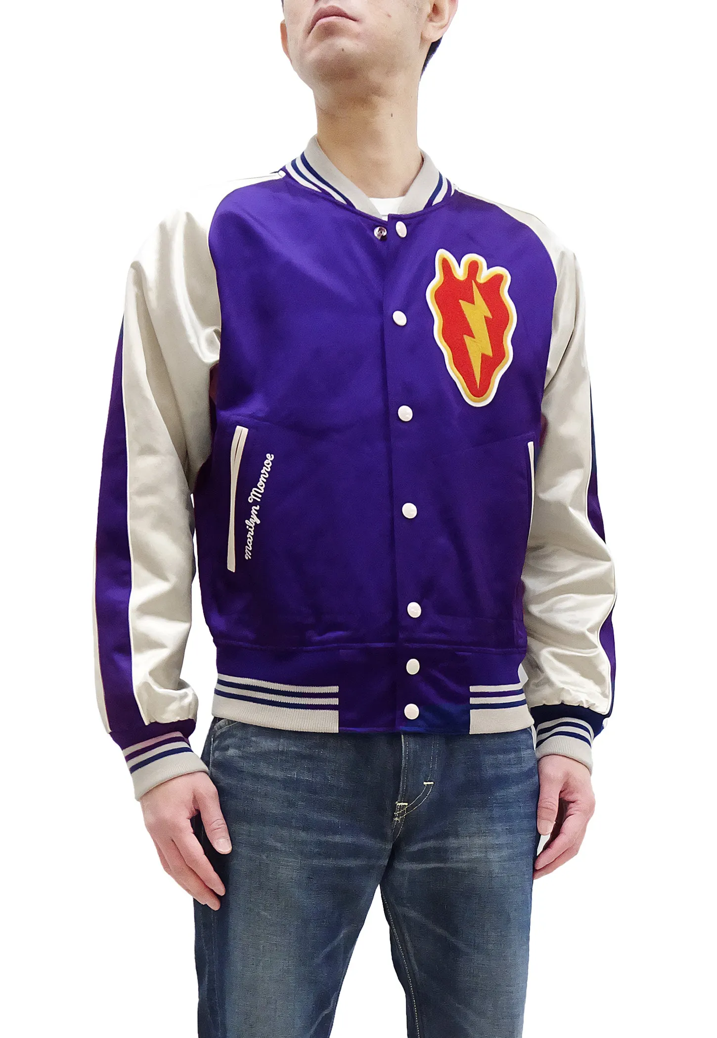 TOYS McCOY Jacket Men's Marilyn Monroe Unfilled Lightweight Satin Varsity Jacket TMJ2303 Blue/Off-White