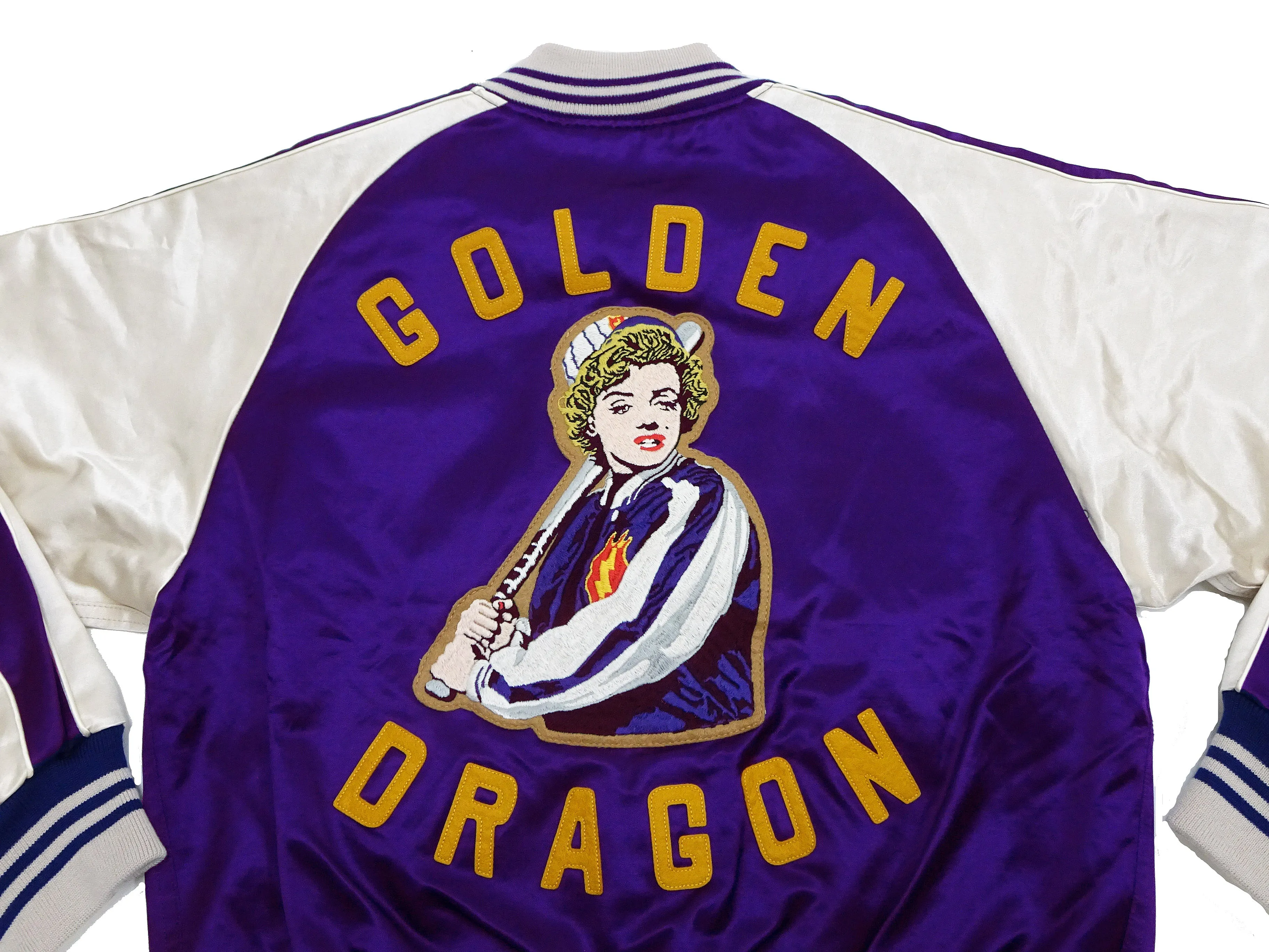 TOYS McCOY Jacket Men's Marilyn Monroe Unfilled Lightweight Satin Varsity Jacket TMJ2303 Blue/Off-White