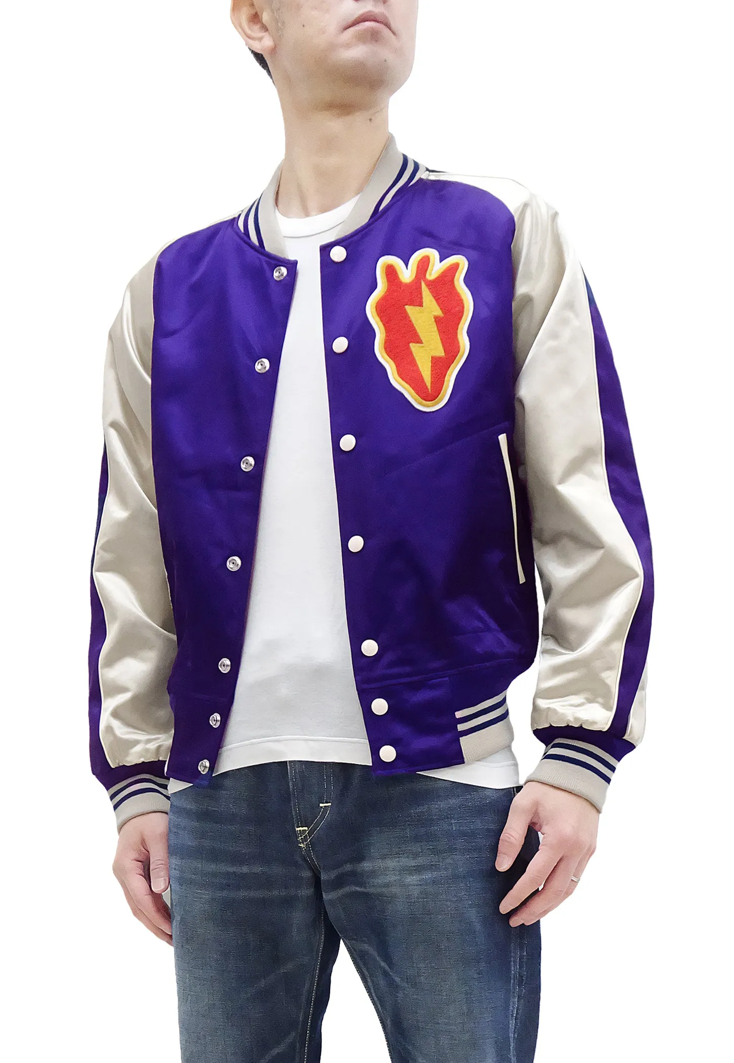 TOYS McCOY Jacket Men's Marilyn Monroe Unfilled Lightweight Satin Varsity Jacket TMJ2303 Blue/Off-White