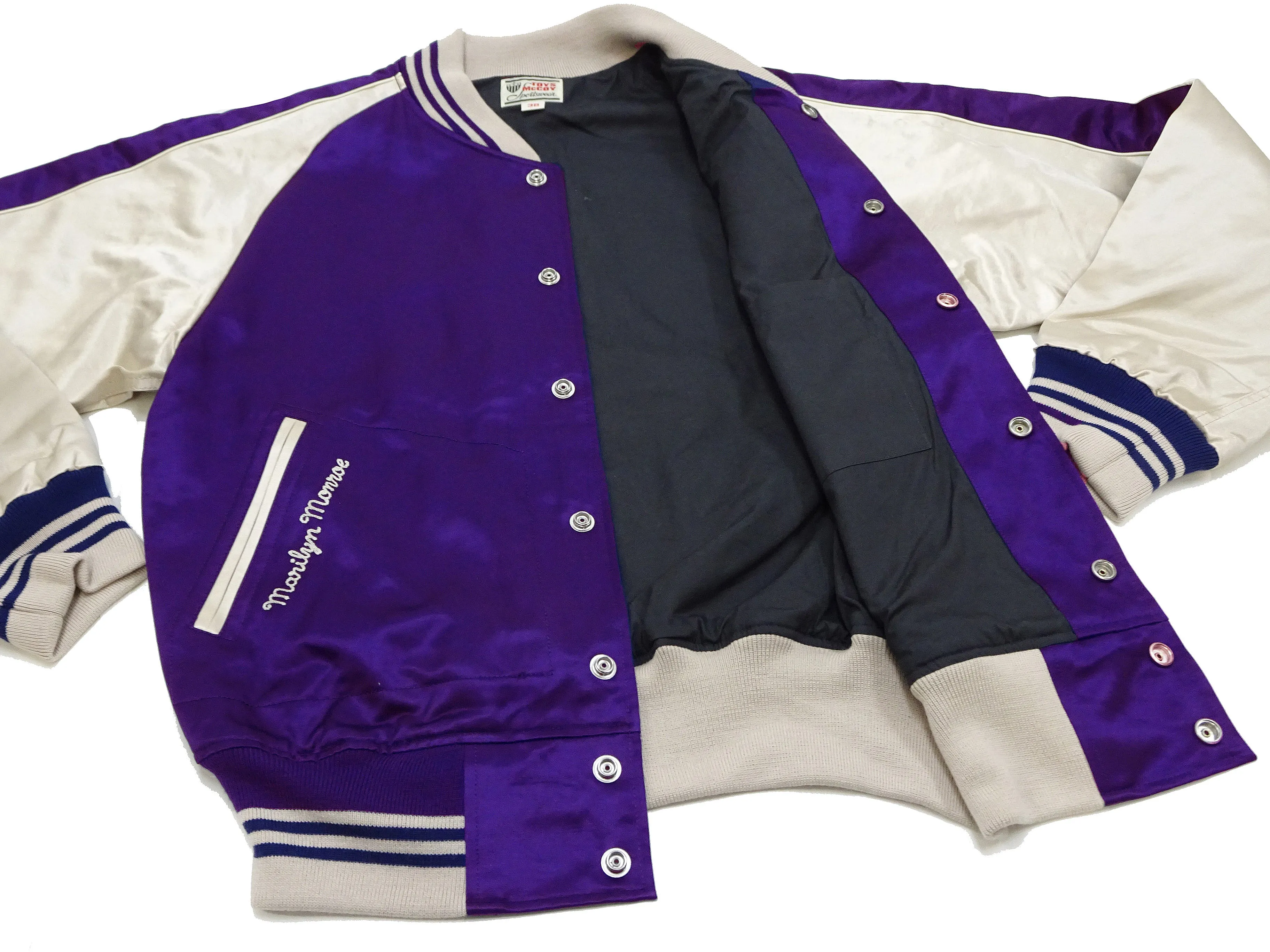 TOYS McCOY Jacket Men's Marilyn Monroe Unfilled Lightweight Satin Varsity Jacket TMJ2303 Blue/Off-White