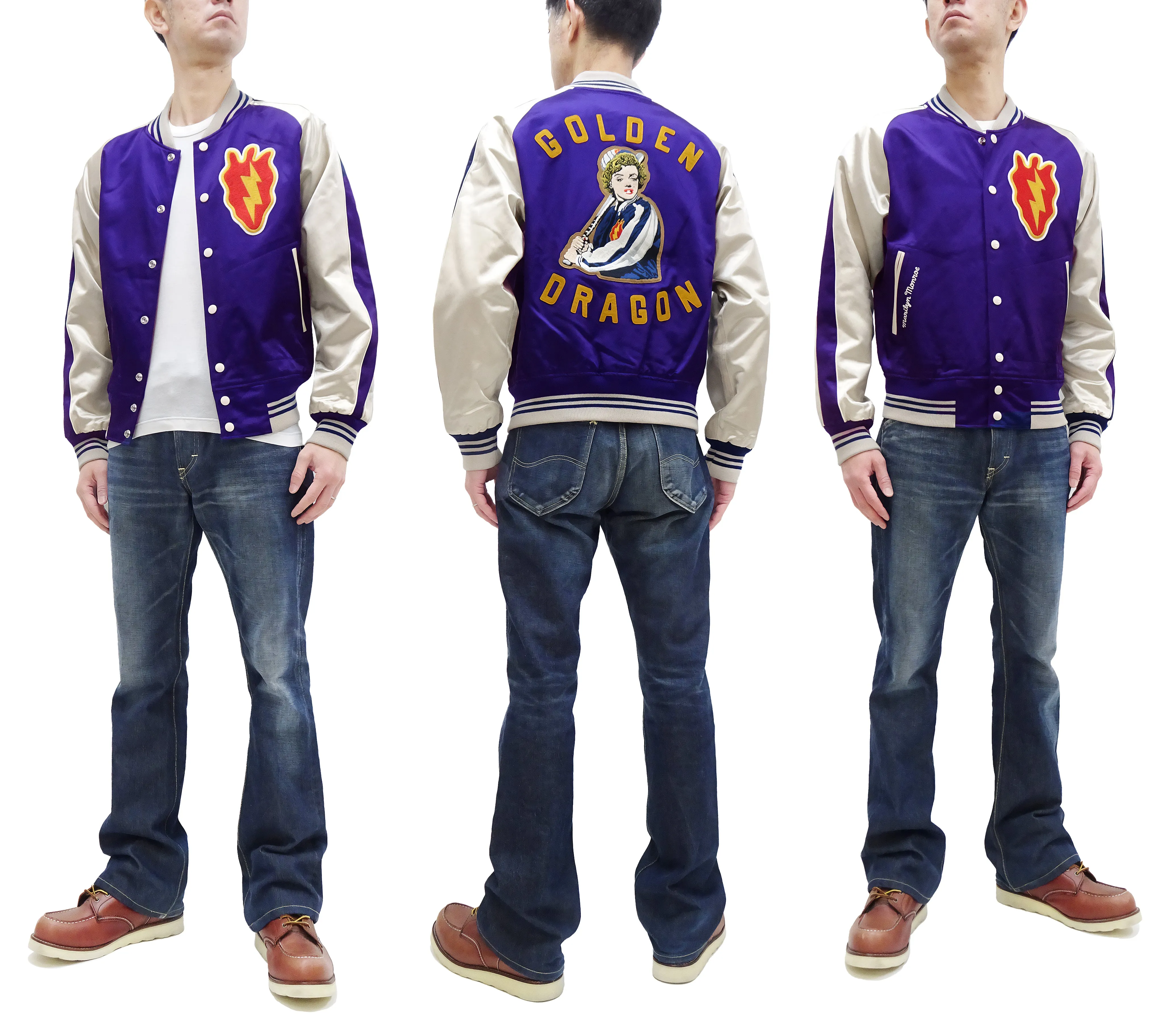 TOYS McCOY Jacket Men's Marilyn Monroe Unfilled Lightweight Satin Varsity Jacket TMJ2303 Blue/Off-White
