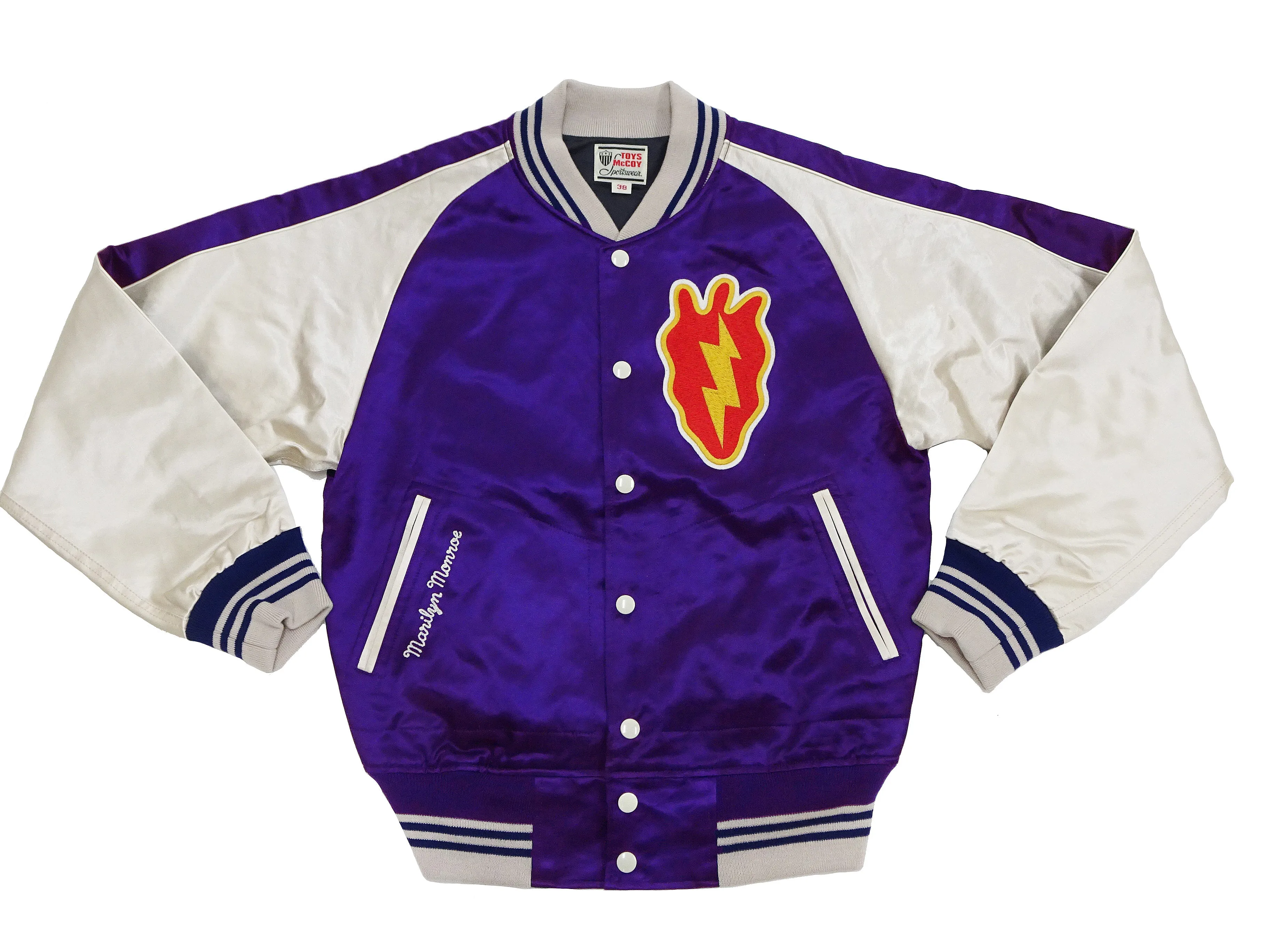 TOYS McCOY Jacket Men's Marilyn Monroe Unfilled Lightweight Satin Varsity Jacket TMJ2303 Blue/Off-White