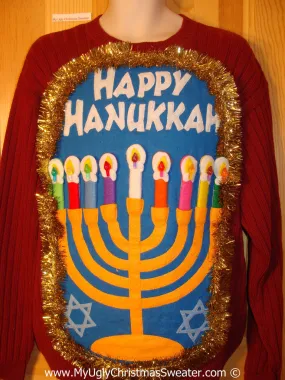 Ugly Christmas Sweater Party Hanukkah Sweater Mens with Menorah (j230)