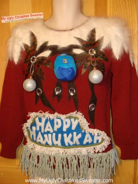 Ugly Christmas Sweater Party Hanukkah Sweater Vintage 80s Tropical Palm Trees & Naughty 3D Dangling Ornaments (j180)