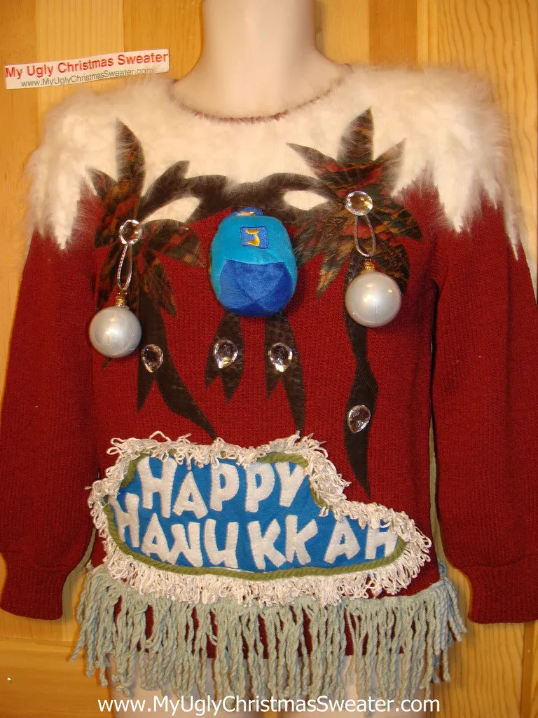 Ugly Christmas Sweater Party Hanukkah Sweater Vintage 80s Tropical Palm Trees & Naughty 3D Dangling Ornaments (j180)