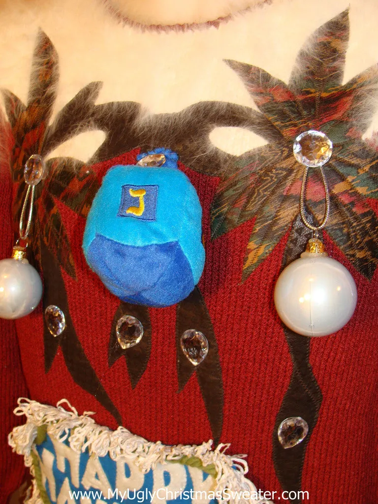 Ugly Christmas Sweater Party Hanukkah Sweater Vintage 80s Tropical Palm Trees & Naughty 3D Dangling Ornaments (j180)