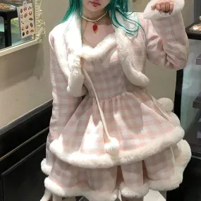Wintertime Picnic in a Crystalline Forest       Warm  Dress with Optional Sweater Cardigan Top Set Kawaii Academia Y2K Cottagecore Coquette Fairycore Dollette Princesscore